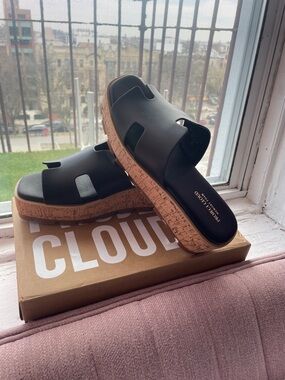 Brand New Proud Cloud Black Cork Platform Slide Sandals